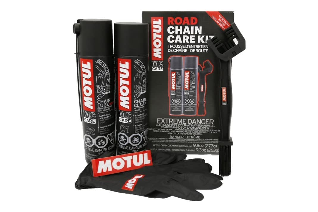Motul C1 Chain Cleaner and C2 Motorcycle Chain Lube Kit with Brush, Gloves, and Sticker, Complete Road Motorcycle Maintenance Kit for Street Bikes and Karts