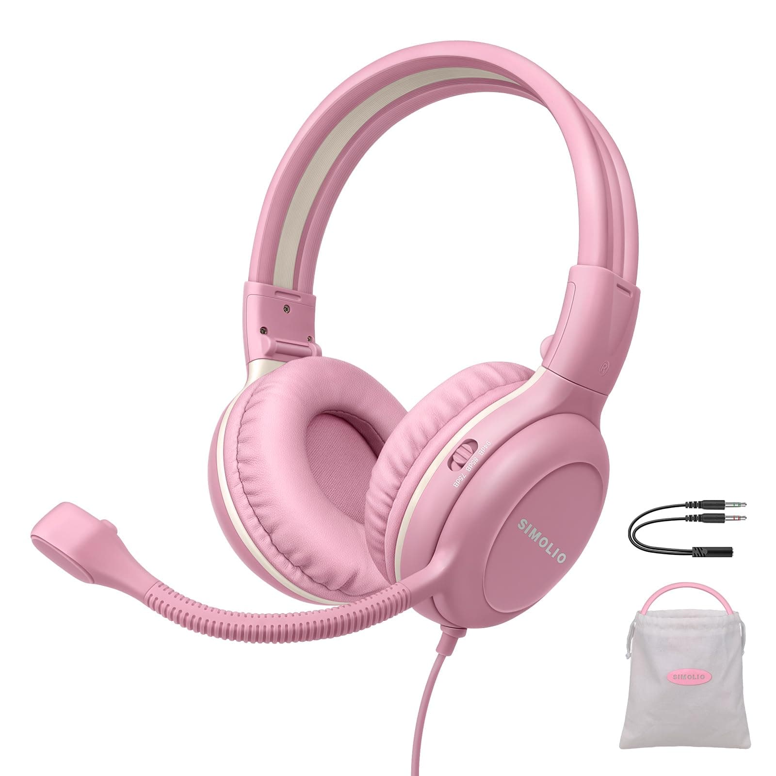 Kids-Headphones with Microphone for School, 75/85/94 dB Wired Headphones with Boom Mic for iPad, PC, Laptop, Gaming, On Ear Pink Stereo Corded Headsets for Girls, Children, Teens, Students