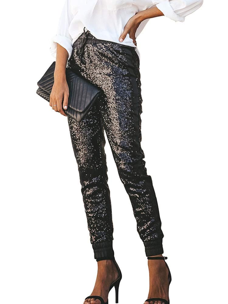 Womens Black Sequin Bling Legging Joggers Pencil Pants with Drawstring