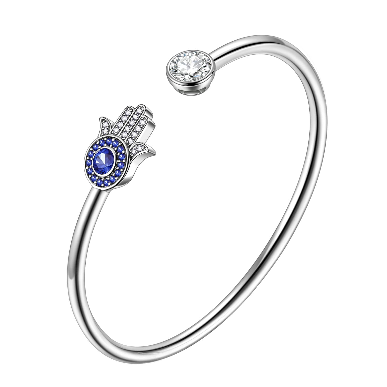 beautlace Hamsa Hand of Fatima Evil Eye Bangle Silver Plated Adjustable Hand Bracelets Protection Good Luck Jewelry Gifts for Women Men (KB0019W-US)
