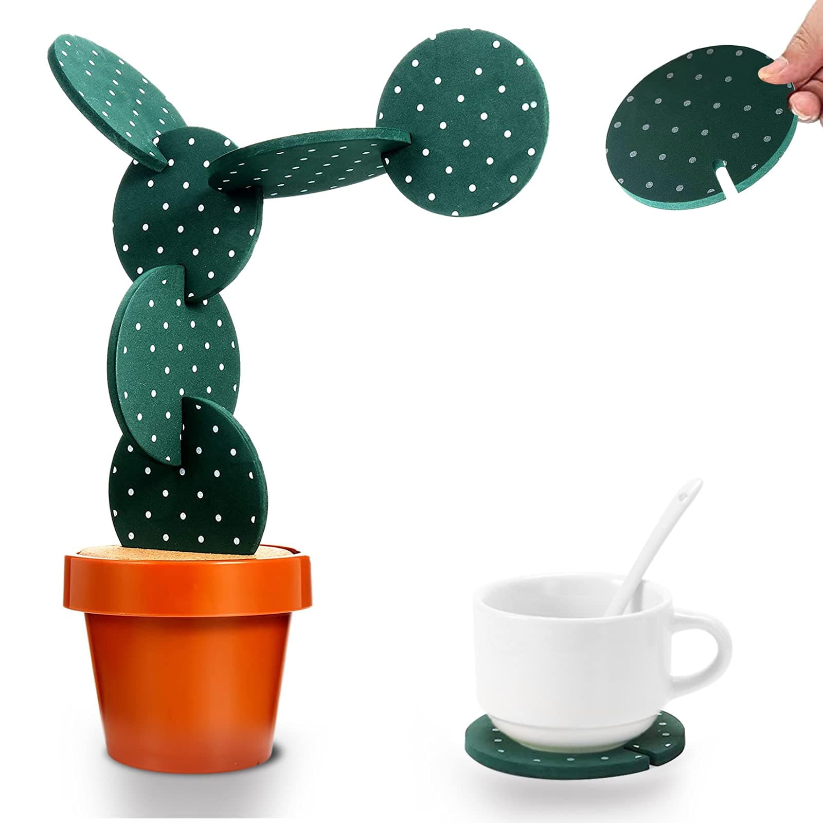 Cactus Coasters Set of 6 DIY Funny Drink Holders with Flowerpot, Novelty Gifts for Bar Home Decor (Green with Point)