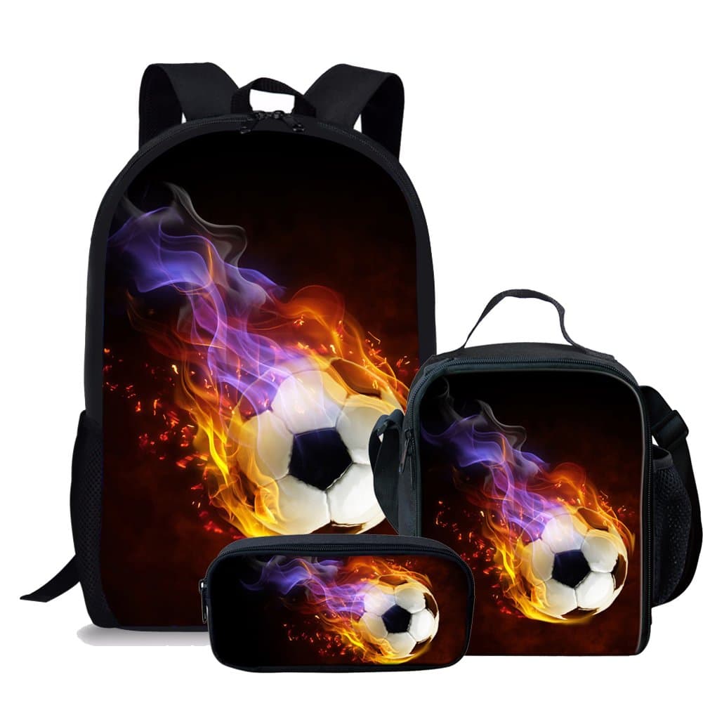 LedBack Football Print School Bag and Lunch Bag for Boys Girls Travel Backpack