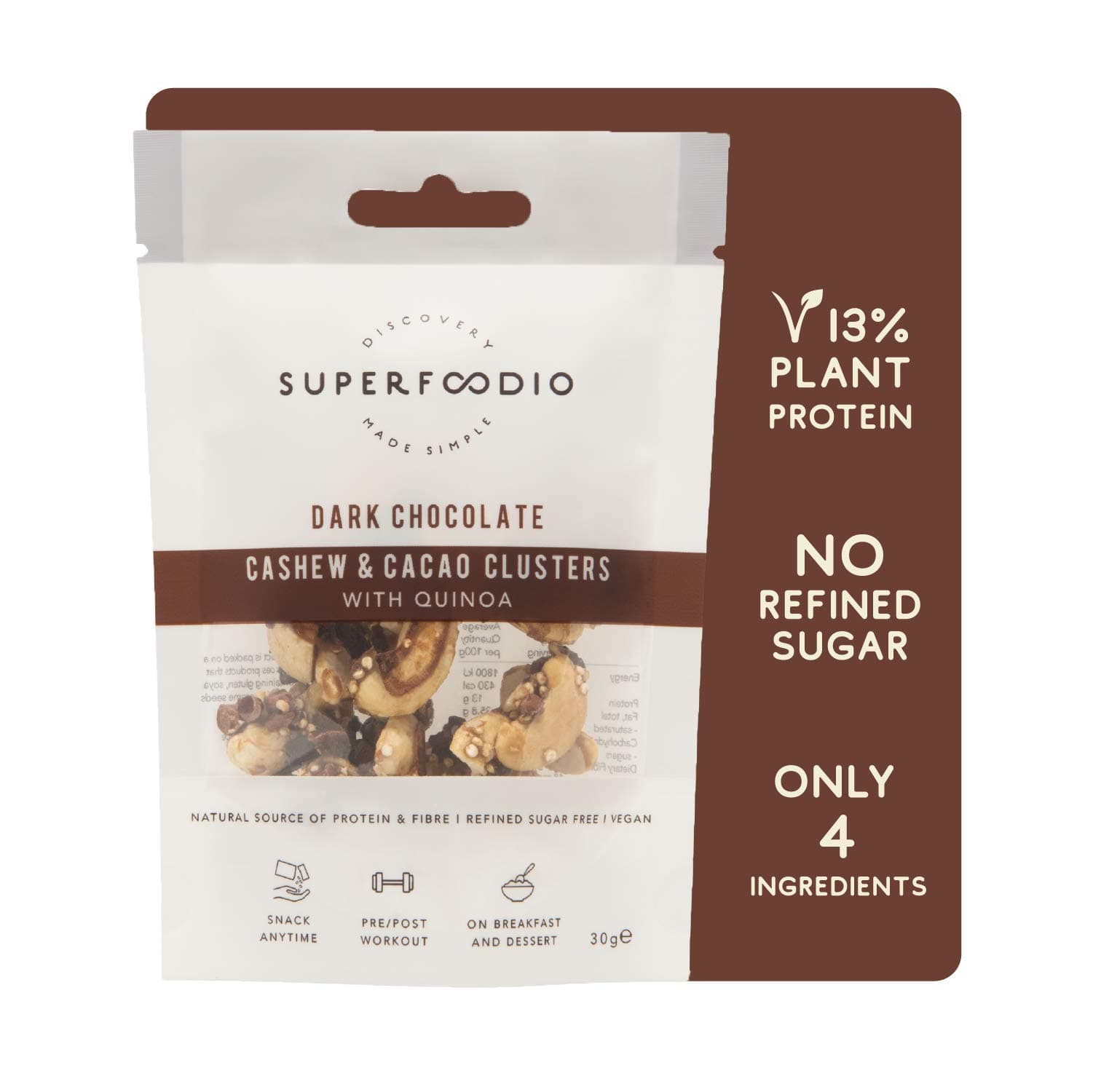 SUPERFOODIO Cashew & Cacao Clusters: Dark Chocolate | Vegan, All-Natural, No Refined Sugar - (30g x 7 packs)
