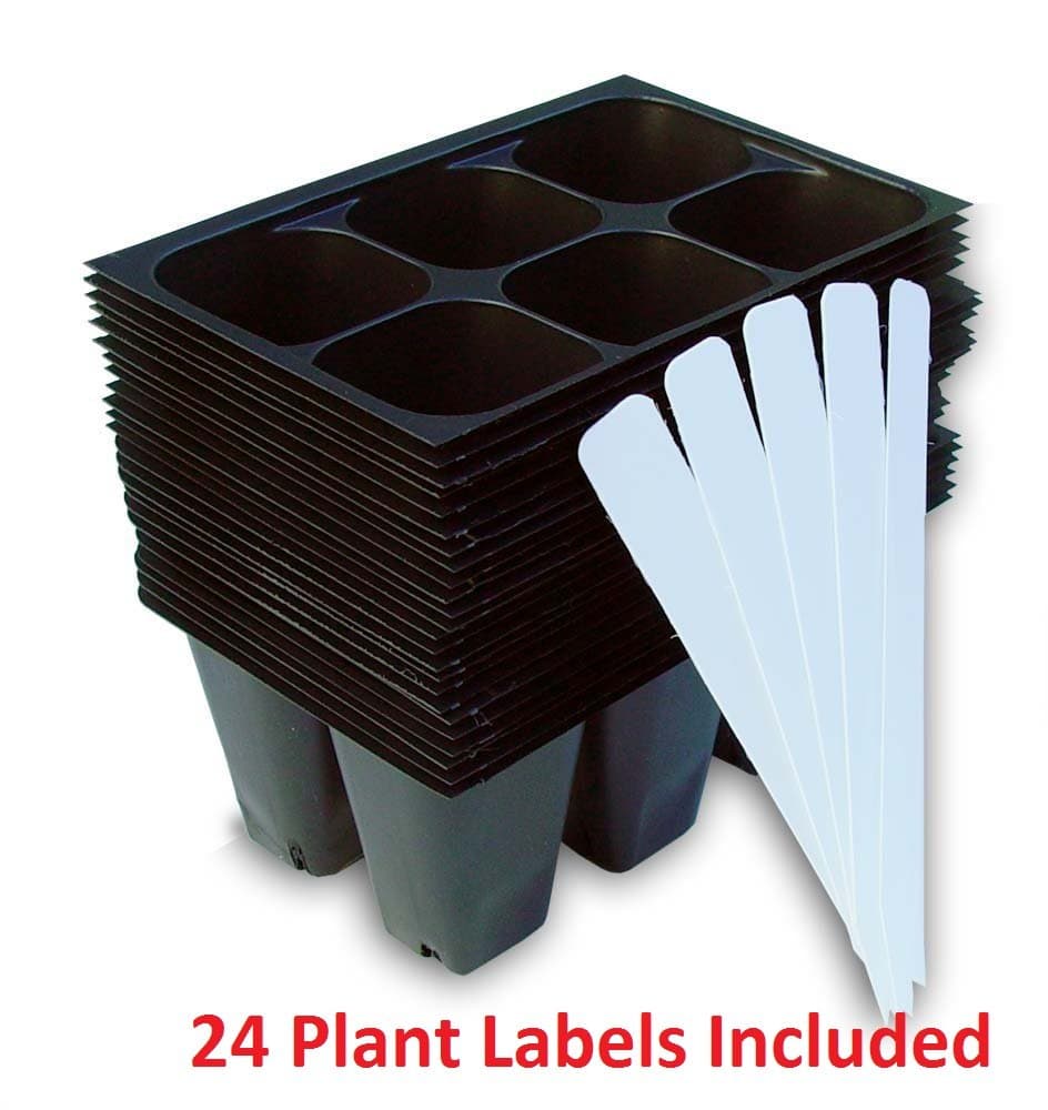 HIDGrow - Seedling Starter Trays, 144 Cells: (24 Trays; 6-cells Per Tray), Plus 24 Plant Labels