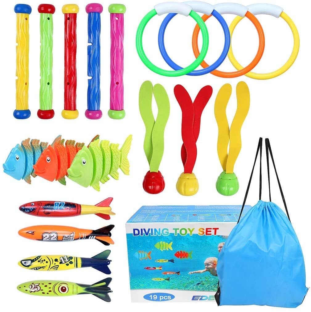 19PCS Pool Diving Toys Set Diving Rings Diving Toypedo Diving Sticks Aquatic Dive Balls Swimming Fish Swimming Pool Toys for Kids with Carrying Bag