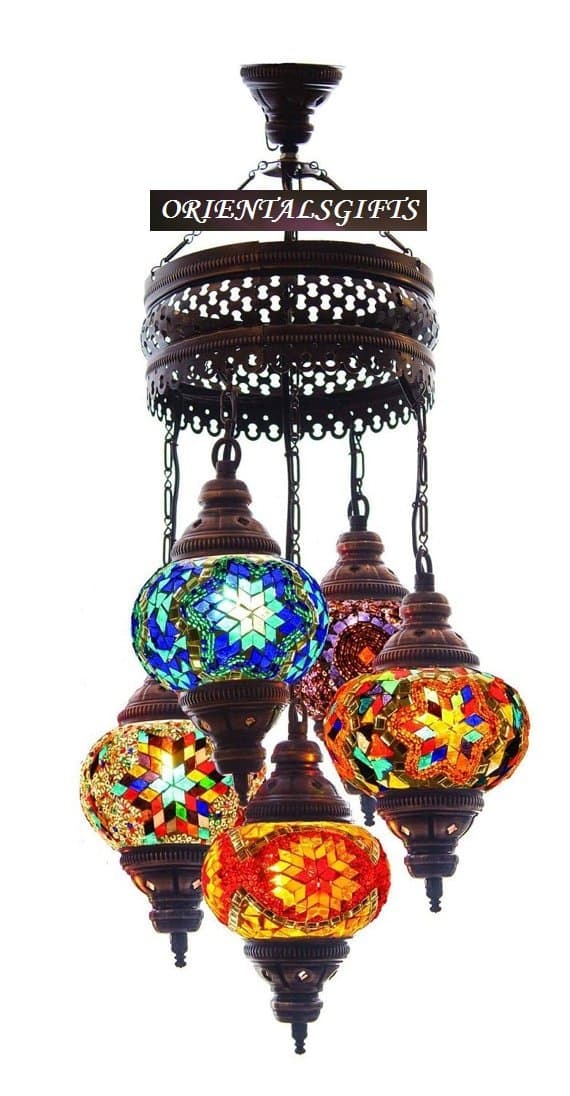 Turkish Moroccan Mosaic Chandelier, Pendant Light, 5 Globes, White & Multicolor, 120cm H x 10" D, Living Room Decor