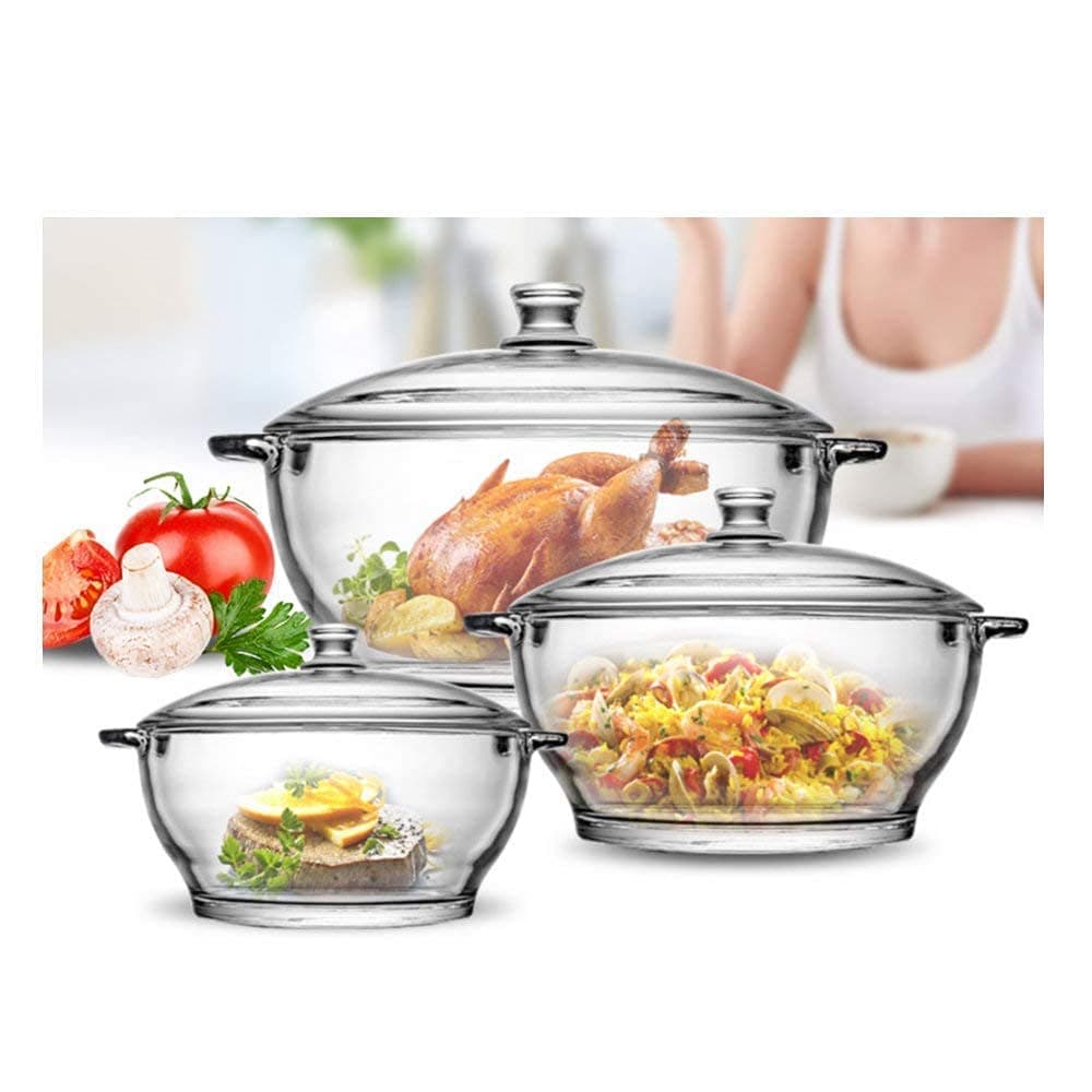 Microwave Oven Safe Serving Bowl with Lid, Tempered Glass, for Rice and Boiling Food, 1000 ml, Set of 3
