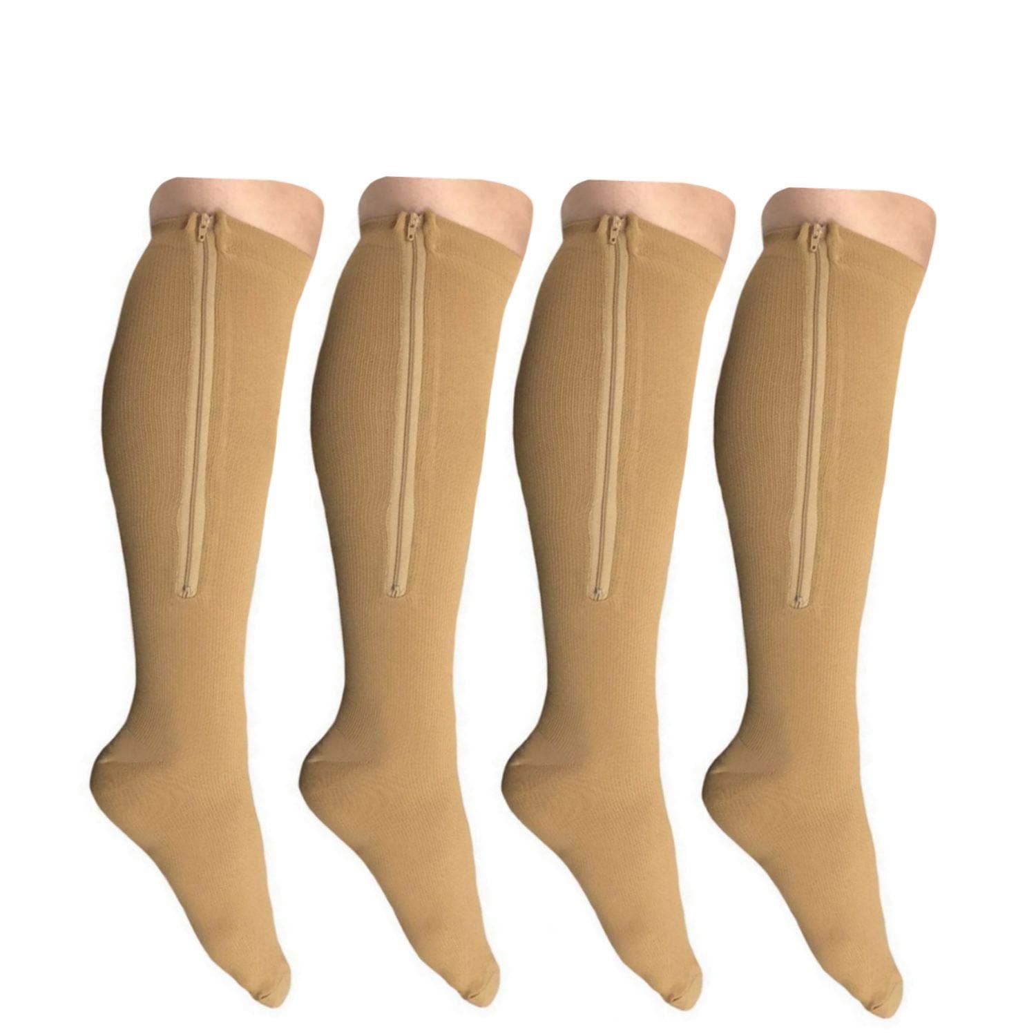 Starmace 2 Pack Closed Toe 15-20 mmHg Zipper Compression Knee Length Leg Calf Swelling Circulation Support Stocking Socks (Beige, 2XL)