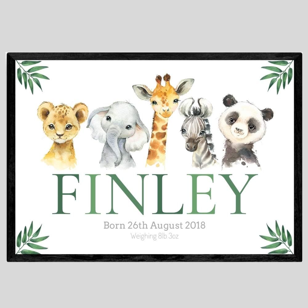 Eviepops Prints Personalised Safari Animals Unframed Poster Print For Boy Girl Bedroom Nursery, Personalise Name/Birthday/Weight Details, Lion Elephant Giraffe Zebra Panda, Gift Present (A4)
