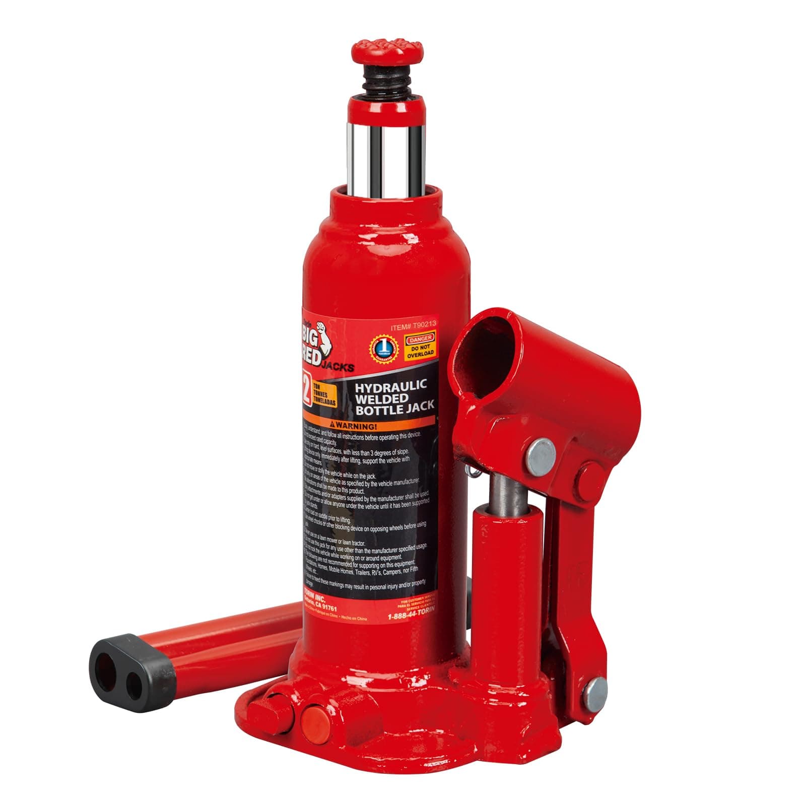 T90203B Torin Hydraulic Welded Bottle Jack, 2 Ton (4,000 lb) Capacity, Red