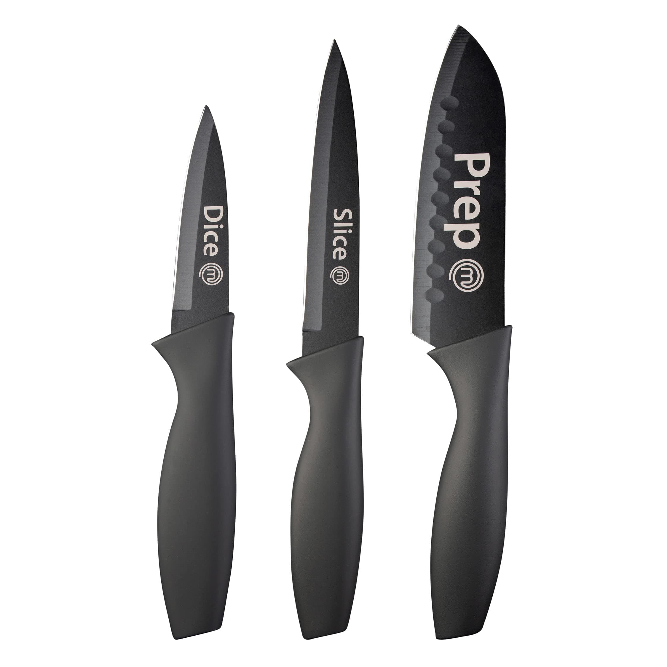 MasterChef Kitchen Knives Set of 3 for Cooking - Chef Knife, Paring Knife & Utility Knife with Professional Sharp Stainless Steel, Non Stick Coated Blades & Soft Touch Handles for Easy Grip, Black