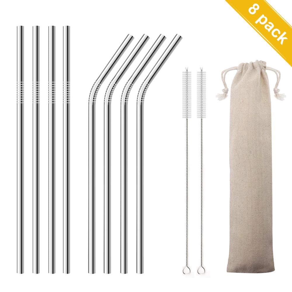 Stainless Steel Straw, Multi Color Reusable Metal Drinking Straws 8.5 inch with Cleaning Brush,for Tumblers Cold Beverage (8 Pack) (Silver)