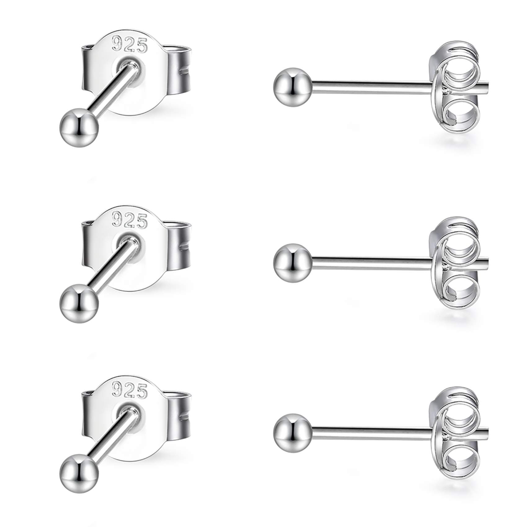 Sterling Silver Stud Earrings for Women- 3 Pairs of 2mm Tiny Ball Stud Earrings Round CZ Cubic Zirconia Earrings Pearl Earrings Set Cartilage Small Tragus Earrings Nose Lip Rings