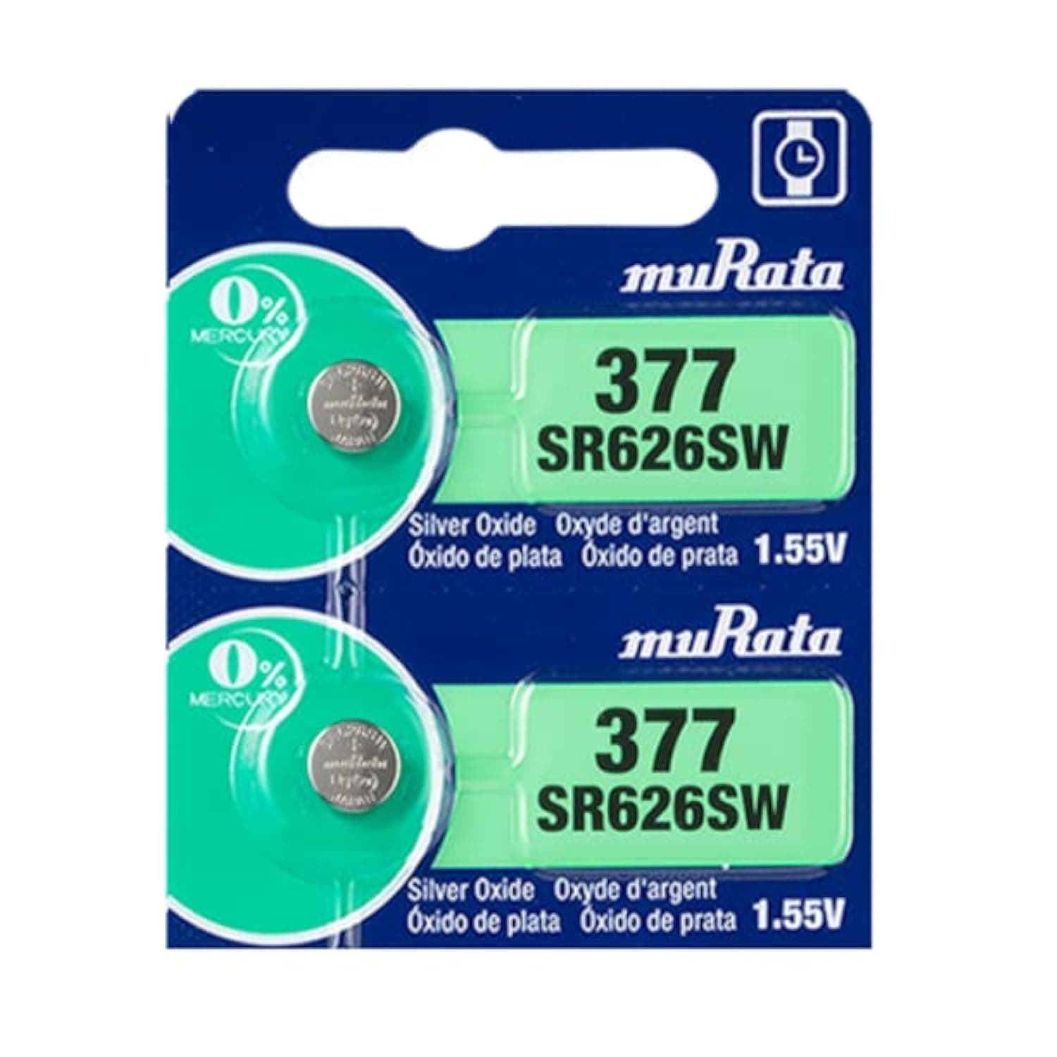 Murata 377 SR626SW Battery 1.55V Silver Oxide Watch Button Cell - Replaces Sony 377 (2 Batteries)