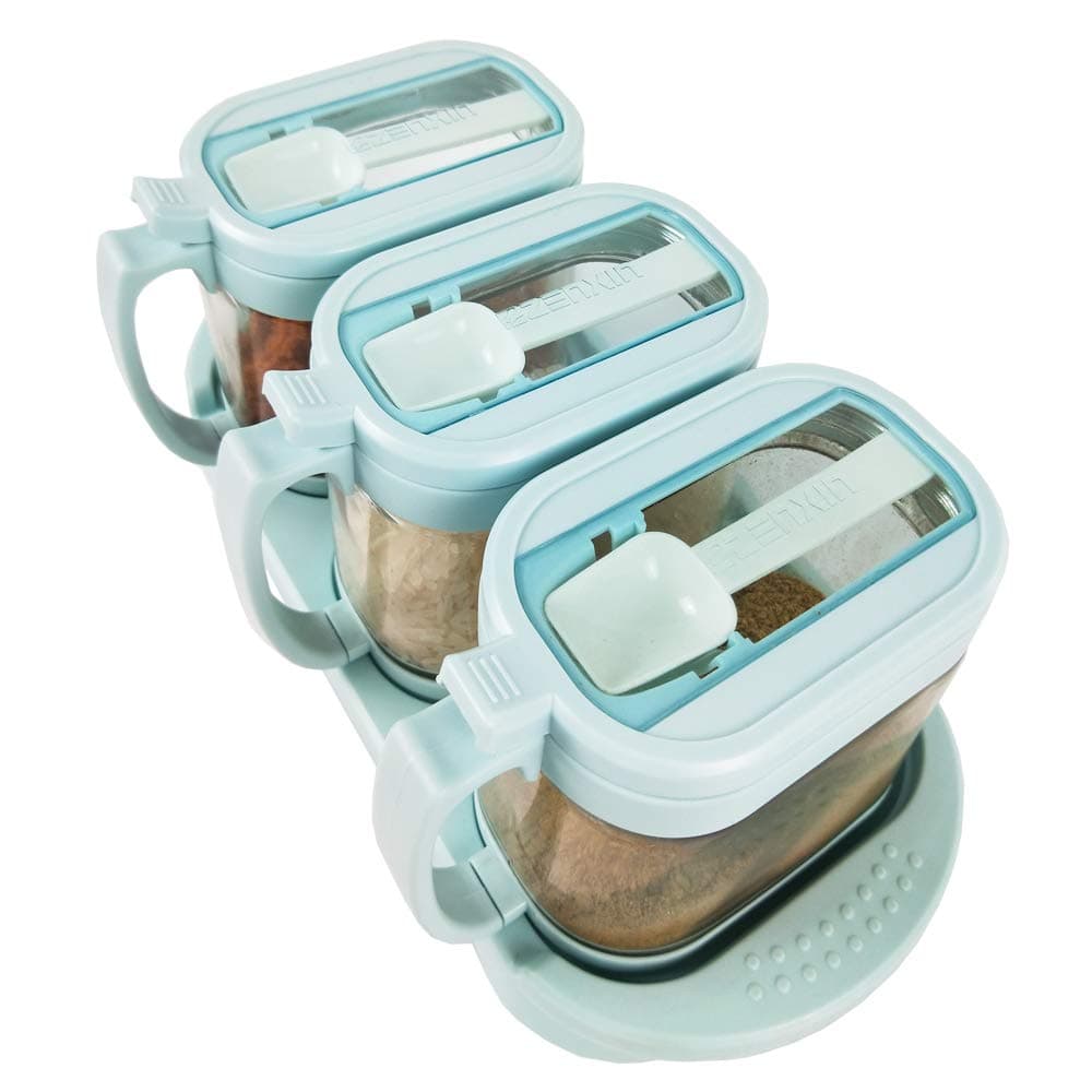 TENTA Kitchen Transparent glass condiment Jar Seasoning Box Set Spice Jar Kitchen Condiment Container Cruet with Lid & Spoon Kitchen Utensils, 3pcs/set with tray-ZENXIN (Blue color)