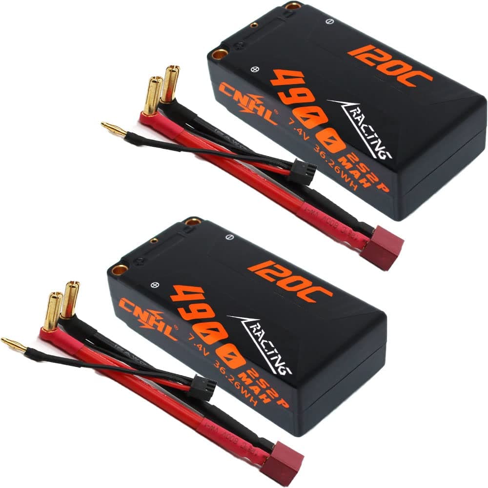 2s Shorty Lipo Battery 4900mAh 7.4V 120C Hard Case with 5mm Bullet to T Plug for RC Car Truck Boat Truggy Buggy(2 Packs)