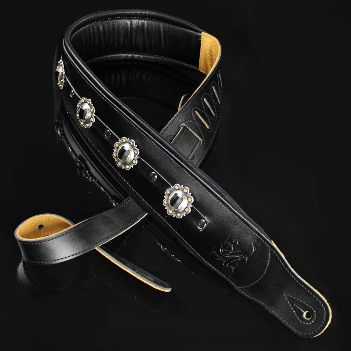 CUSTOM SHOP 3.25" Black Leather Conchos #1 Dual Padded Guitar and Bass Strap IL-5CustBlk1