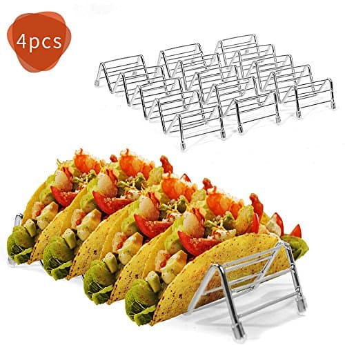 4 pack Stainless Steel Taco Holder, Haneye Taco Stand Rack, Metal Mexican Taco Shells Serving Tray, Taco Truck Tray Style, Safe for Baking or Reheating