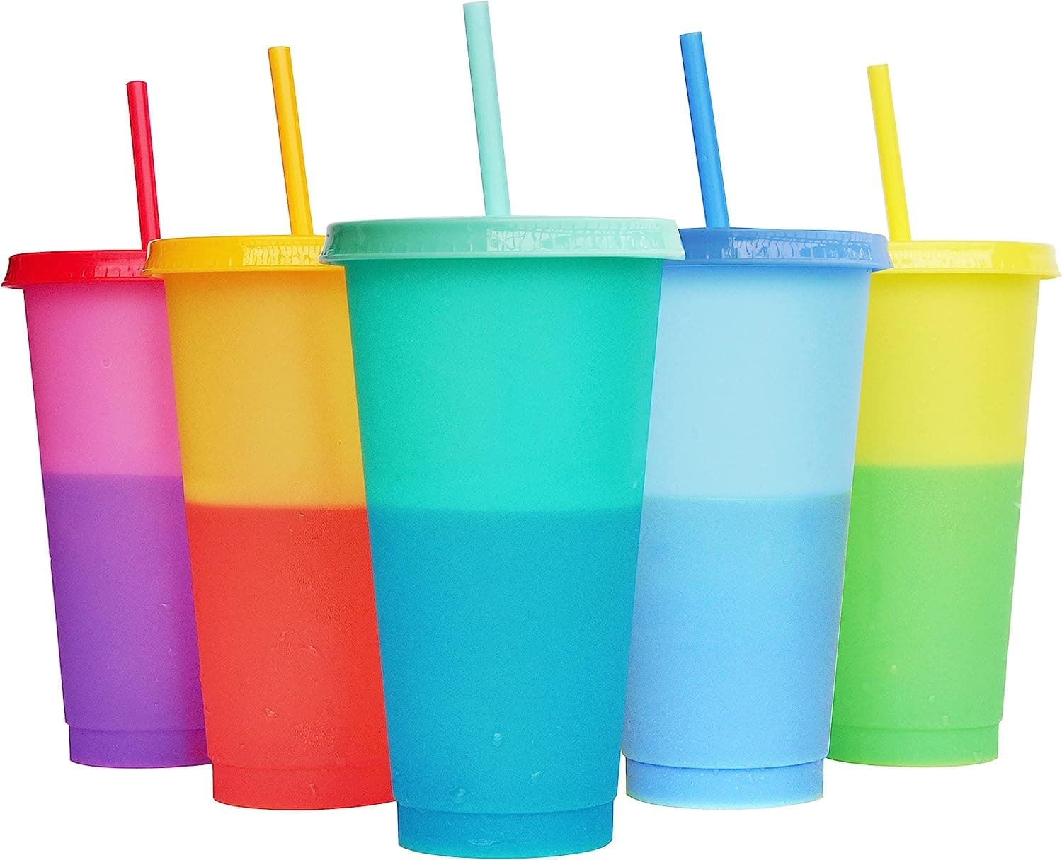 Premify Color Changing Cups, Reusable Plastic Tumblers with Lids & Straws, Magic Colored Party Iced Water Coffee Drinking Travel Mugs - 24oz Cold Drink Cup for Adults Kids (5 PCS)