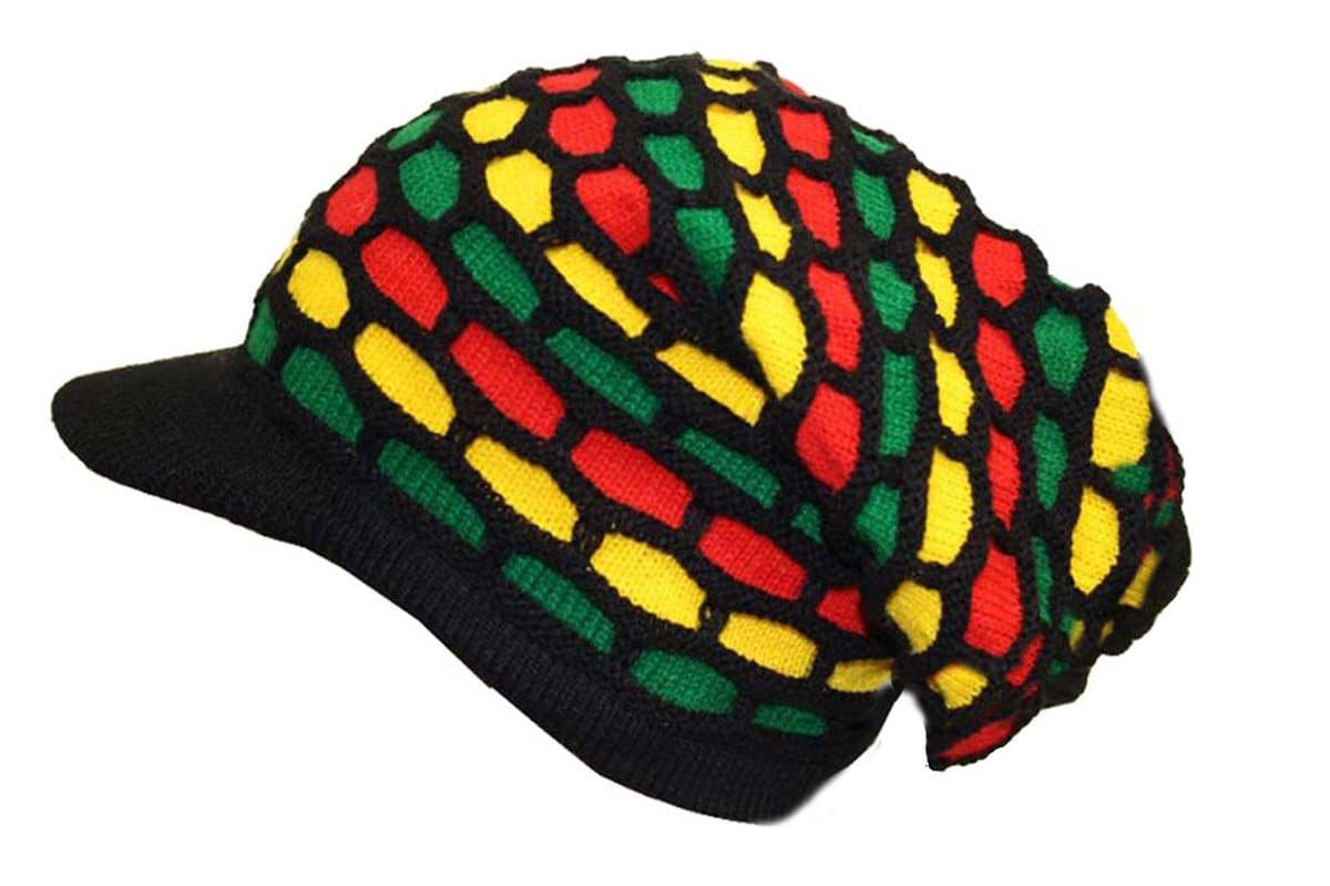 CRAZY LIZARD Rasta hat for Dreadlock tam. Slouch Beanie hat Tam Cap Hat with Peak (Rasta Honeycomb Pattern). Black