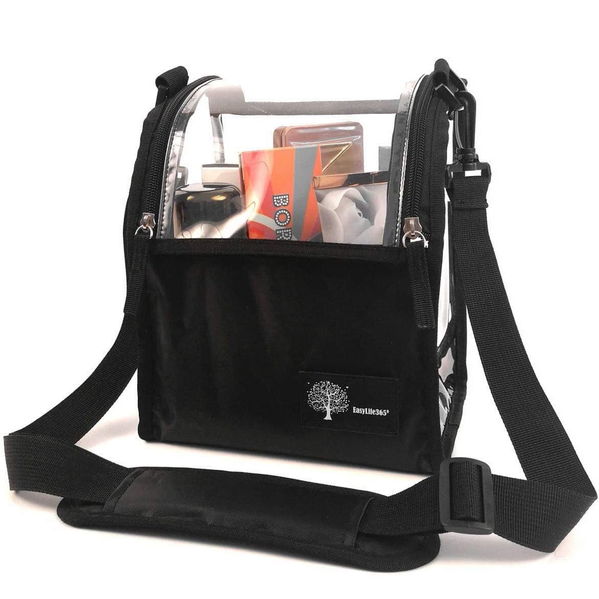 Portable Multipurpose Clear Bag Makeup Cosmetic Case Organizer Travel Makeup Box PVC Dust-Free Storage Bag With Adjustable Shoulder Strap And Dividers For Makeup Brushers Toiletry Accessories (Black)