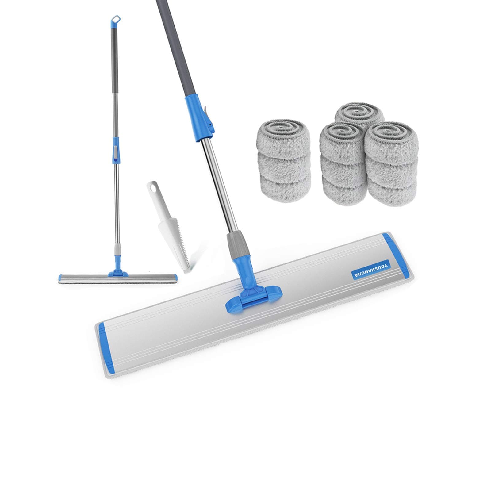 YOUSHANGJIA Wet Mop 24" Microfiber Mop Heavy Duty Floor Mop Aluminum Mop Adjustable Stainless Steel Handle 4 Wet and Dry Clothes Floor Cleaning System
