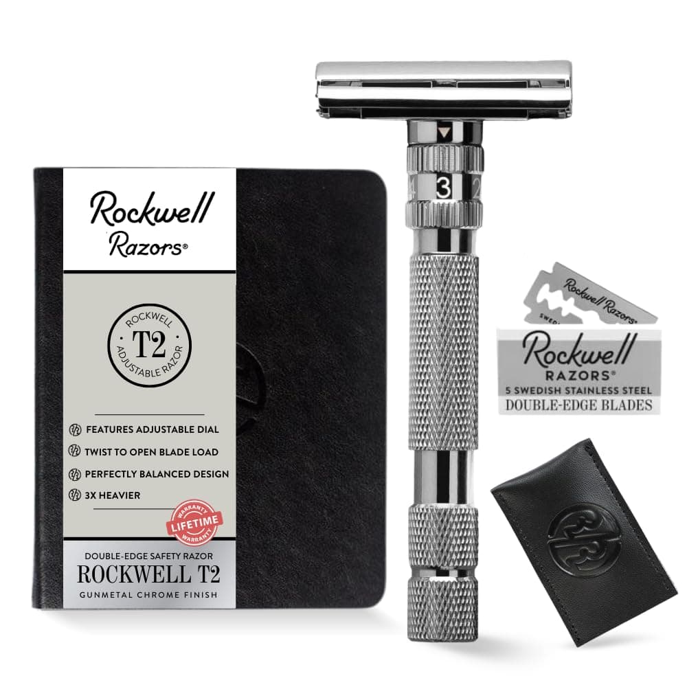 ROCKWELL RAZORS T2 | Twist-To-Open (TTO) Double-Edge Safety | Full Metal | Includes 5 Fully Recyclable Stainless Steel Blades (Gunmetal Chrome)