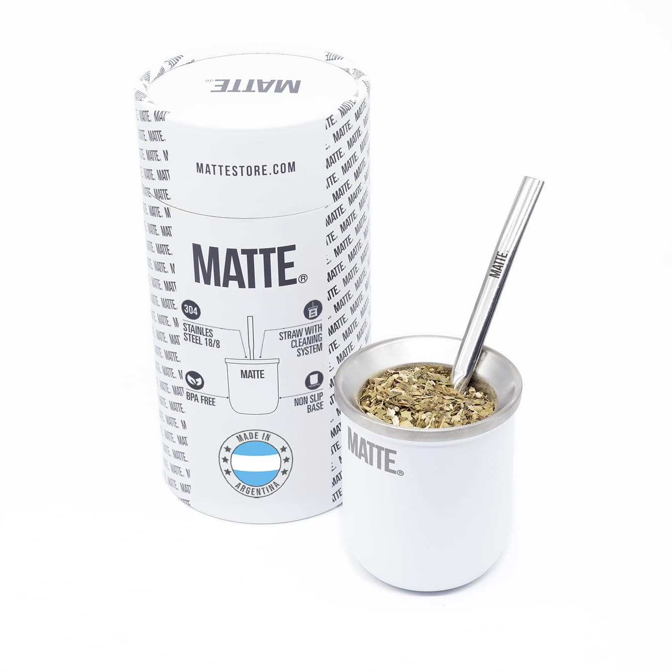 Matte Mate Gourd/Tea Cup Set, it includes Yerba Mate Gourd Cup (6 Ounces) and one Bombilla (Yerba Mate Straw). Stainless Steel, Double-Walled, Elegant Design in a Premium Quality Box (White)