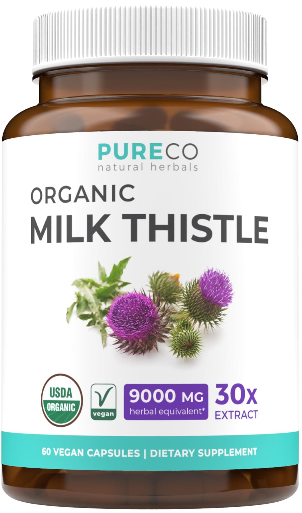 USDA Organic Milk Thistle Capsules - 80% Silymarin Supplement for Liver Support- Super Concentrated 300mg of 30:1 Milk Thistle Extract Equivalent to 9,000mg - Milk Thistle Liver Detox 60 Day Supply