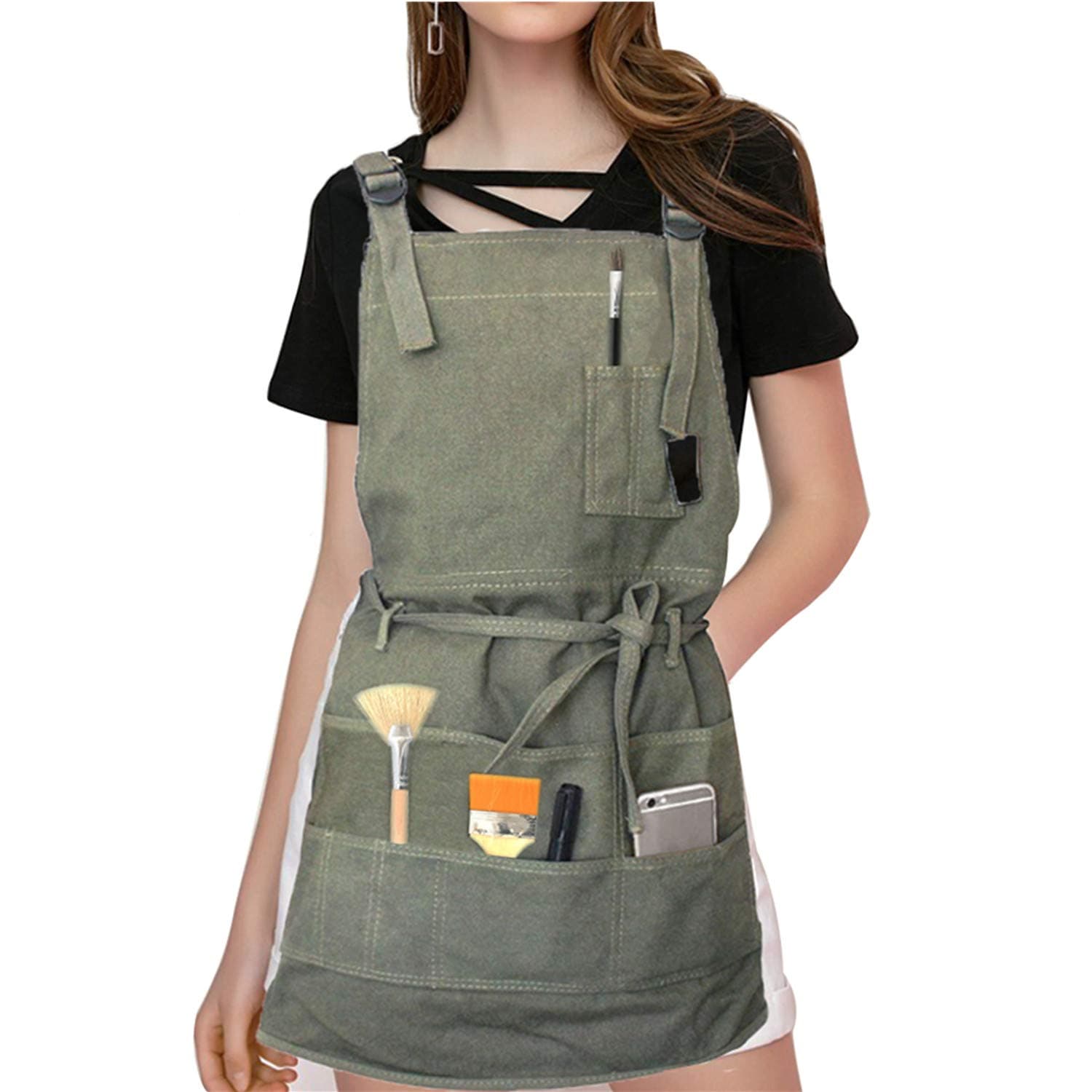 Adjustable Artist Apron with Pockets Unisex Painter Canvas Apron Painting Aprons for Arts Gardening Utility or Work (Green)