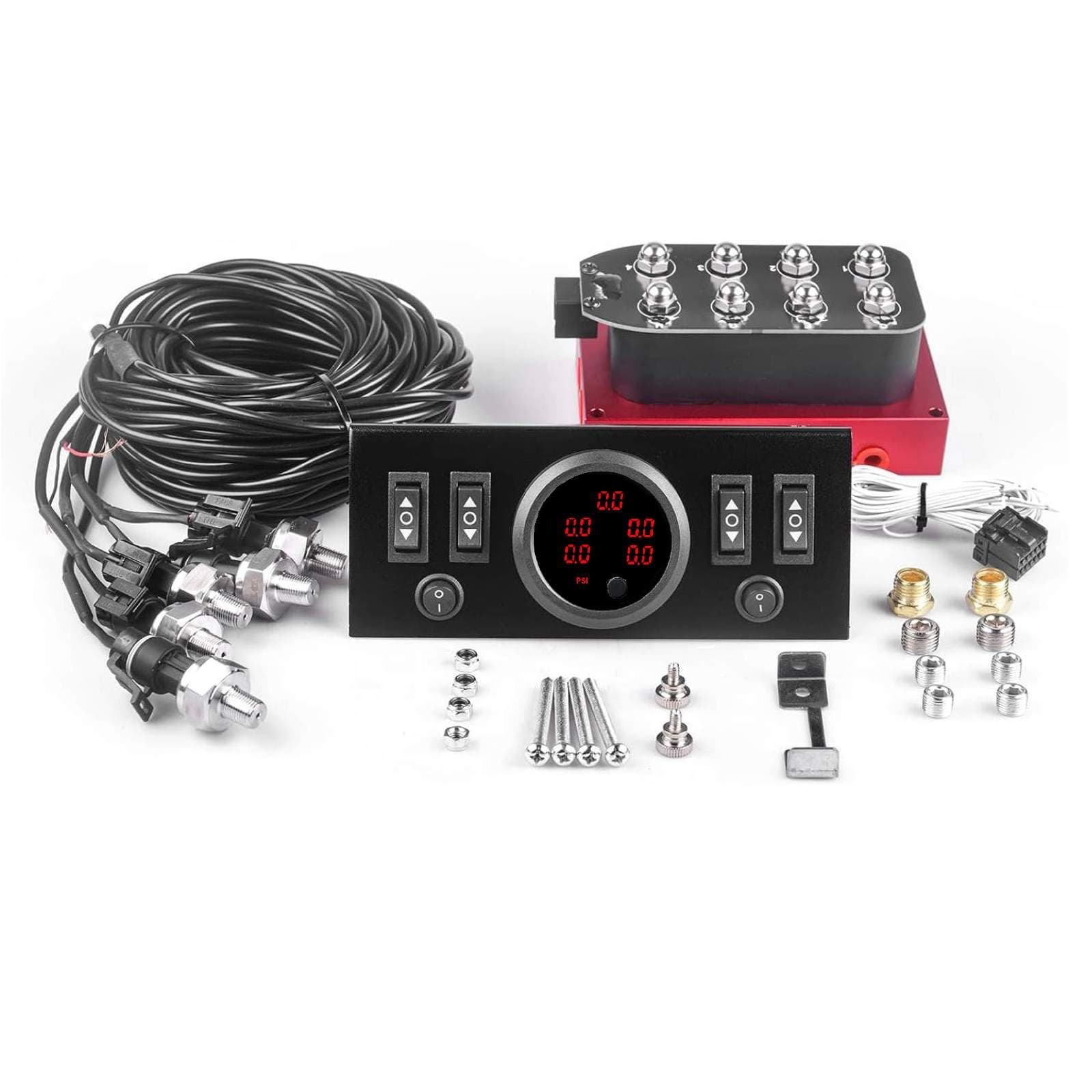12V Solenoid 8-Valve Air Ride Suspension manifold valve Red with Control Panel Ship Type Switch, equipped with Five display air pressure gauge
