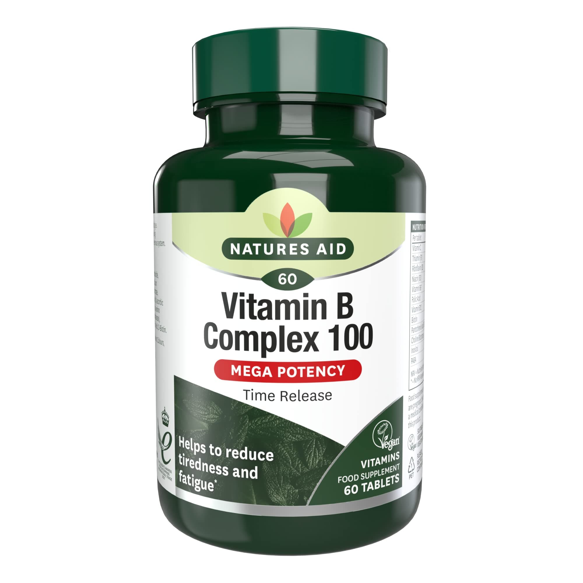 Natures Aid Vitamin B Complex 100mg – High Strength B Vitamins for Energy, Metabolism, Nervous System & Immune Support – Vegan, Gluten-Free, Non-GMO – Natural Supplement – 60 Tablets