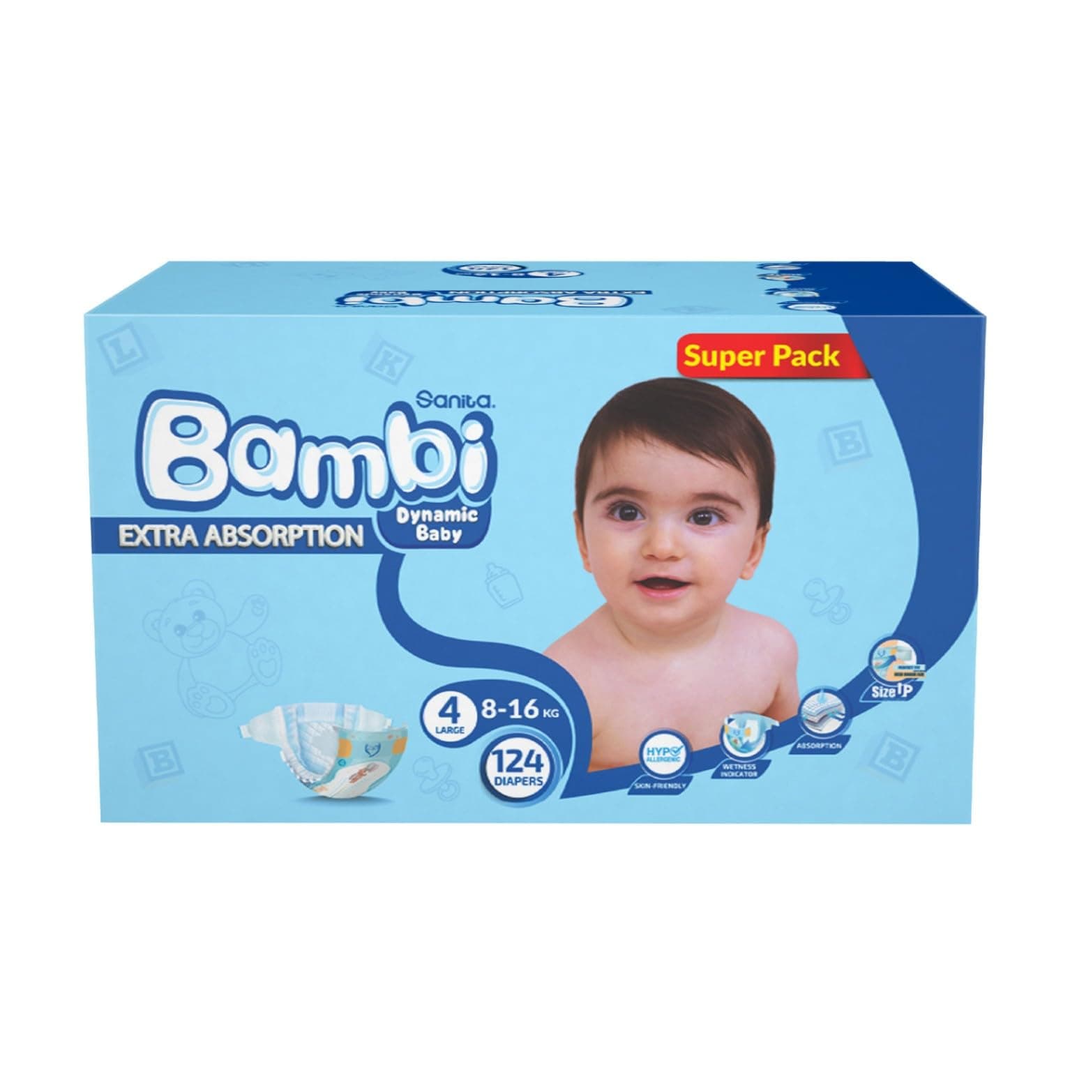Sanita Bambi Baby Diapers, Size 4, 8-16 kg, Skin-Friendly with Hypoallergenic Inner layer, Wetness Indicator, Leakage Protection & Comfort - Super Pack, 124 Count