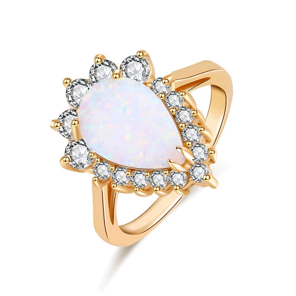 ZISNew Design White Fire Opal Water Drop 18K Gold Plated CZ Stone Engagement Jewelry Rings (8)