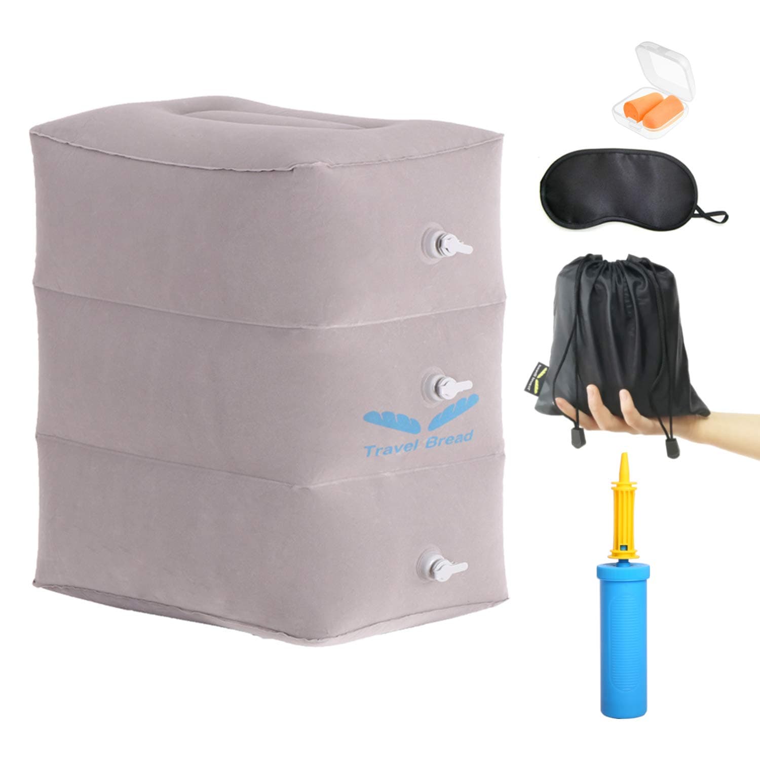 Travel Bread Travel Foot Rest Pillow, Adjustable Height Inflatable Foot Rest Pillow with Pump for Airplane, Car, Home, Office, Portable Travel Pillow for Kids to Sleep on Long Flights (Grey)