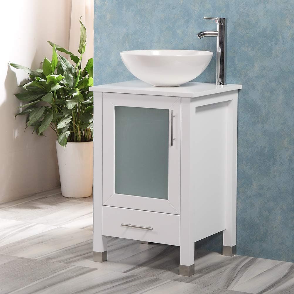 20" Bathroom Vanity with Sink Combo Stand Cabinet and White Ceramic Vessel Sink and Stainless Steel Faucet, White