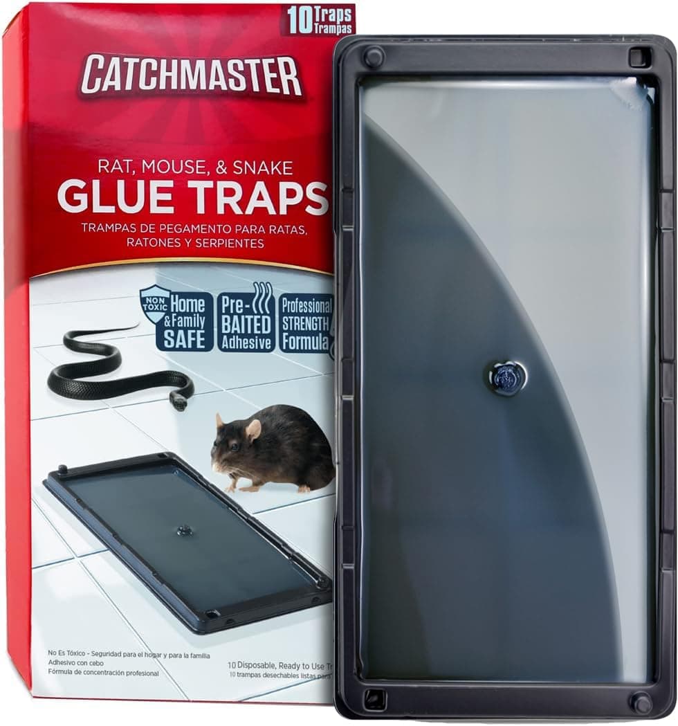 Catchmaster Baited Glue Traps by - 10 Pre-Baited Trays, Ready to Use Indoors. Rat Mouse Snake Exterminator Plastic Sticky Adhesive Easy No-Mess Simple Non-Toxic Disposable - Made in the USA