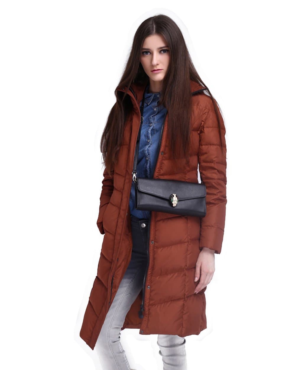 Rmly Wome's Luxury Trim Fitted Zipper Quilted Long Puffer Down Parka Jacket