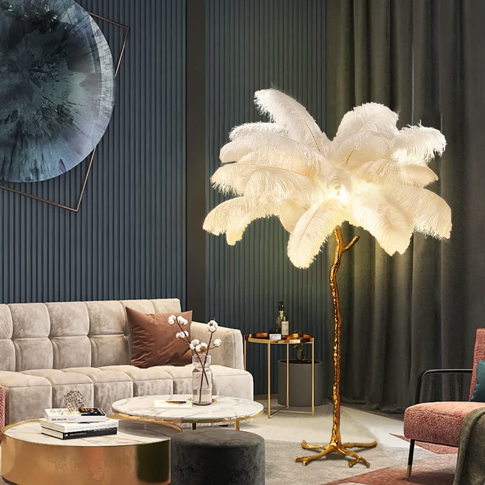 Natural Ostrich Feather Floor Lamp, Modern LED Dimmable Standing Lamp, Romantic Princess Bedroom Reading Lamp, Tall Corner Lamp for Living Room, Dining Room and Office (120cm, White)