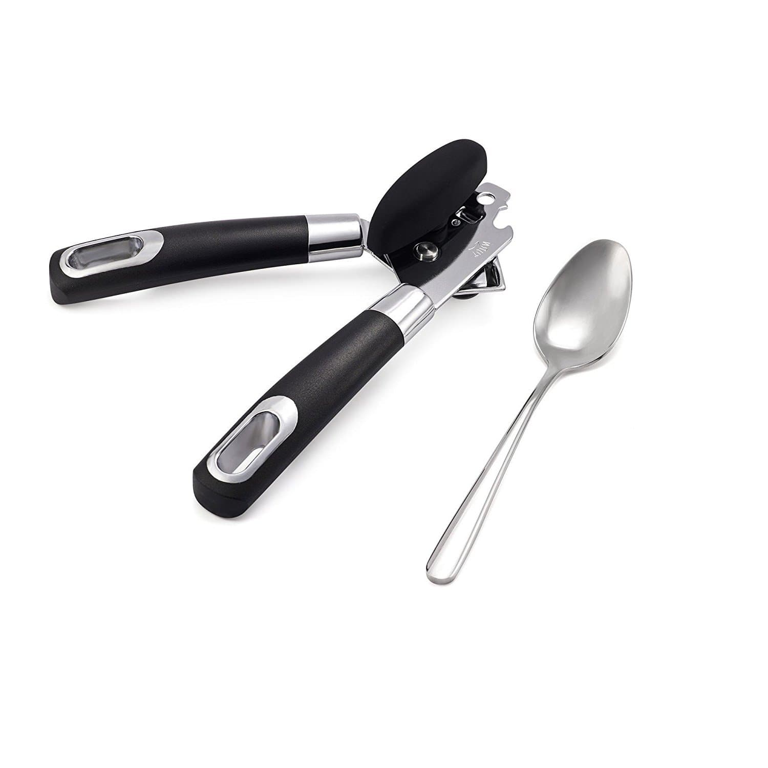 Portable Can Opener Manual With a Spoon,Best Heavy Duty Stainless Steel Blade and Gear Prevents Sharp Edges Professional Side Cut with Bottle Open for Kitchen, Restaurant, Camping (black)