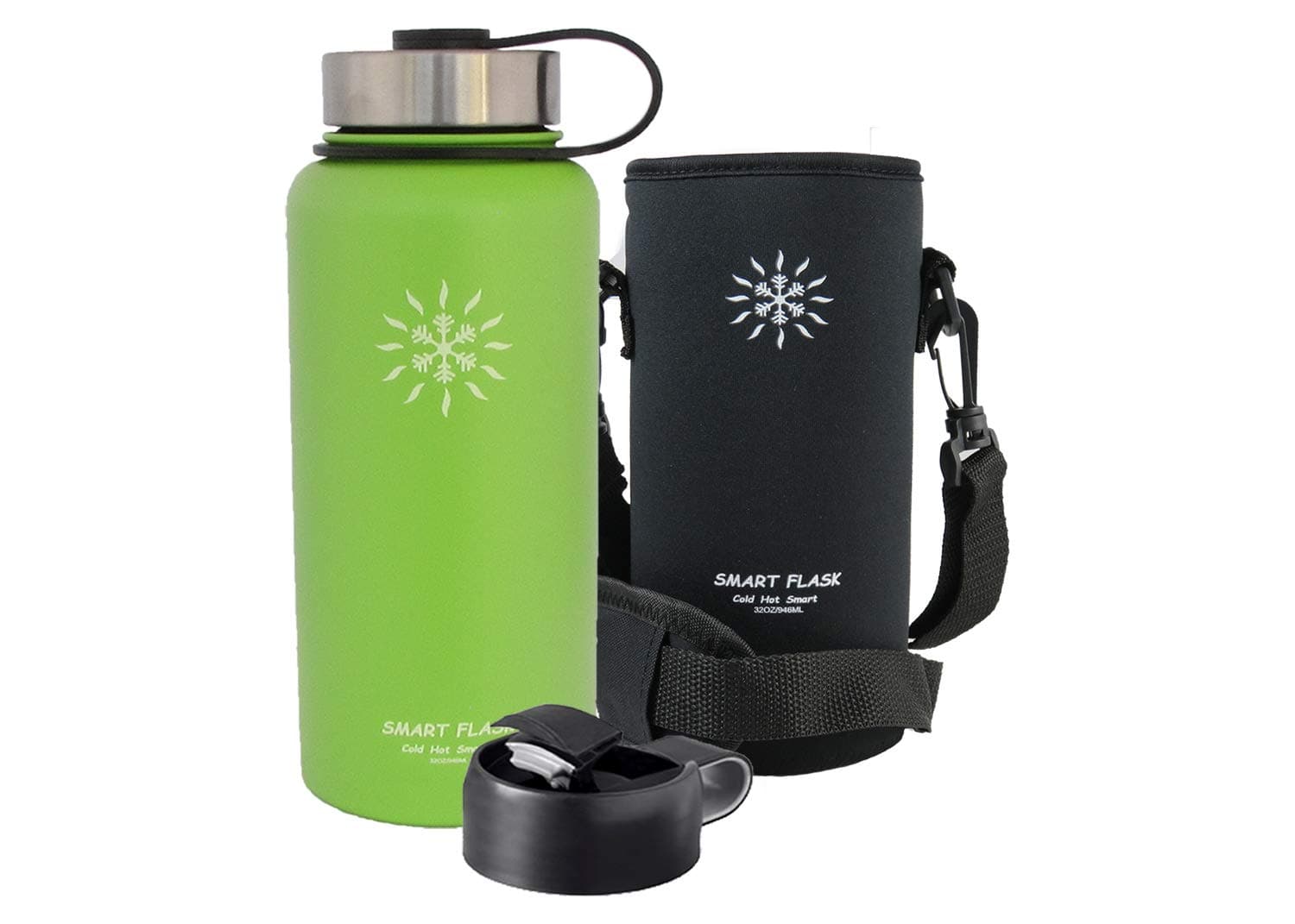 Stainless Steel Water Bottle, Wide Mouth, Vacuum Insulated, Includes Carrying Pouch with 59 inch Shoulder Strap, Rugged Leakproof Stainless Steel Lid, and Flip Top Coffee Lid…