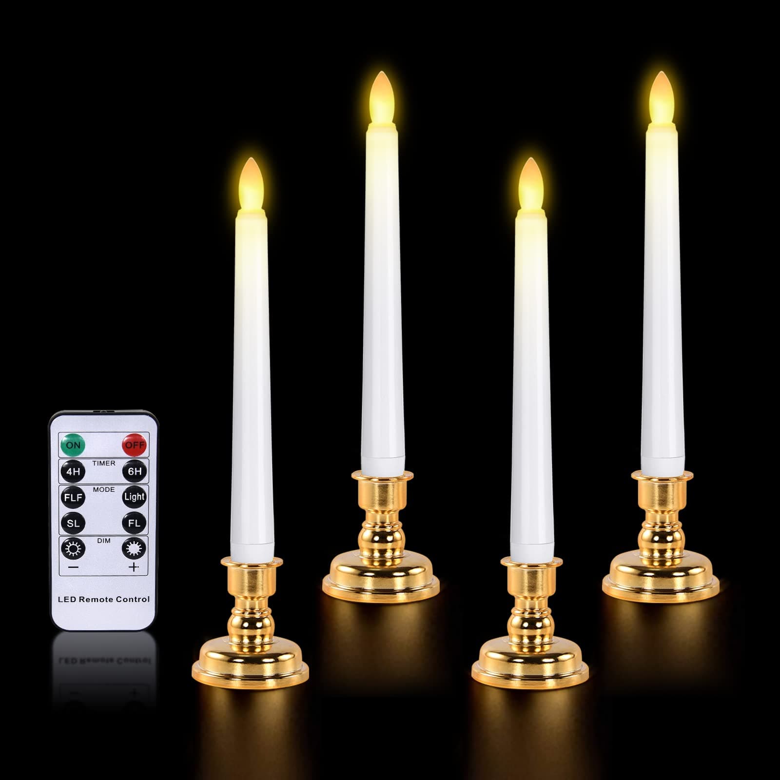 cimetech LED Flameless Candles, Taper Candle Lights, Waterproof Battery Operated Candle with IR Remote Control, Realistic 3D Wick and Gold Base, for Home, Churches, Wedding, Table, Party (4 Packs)