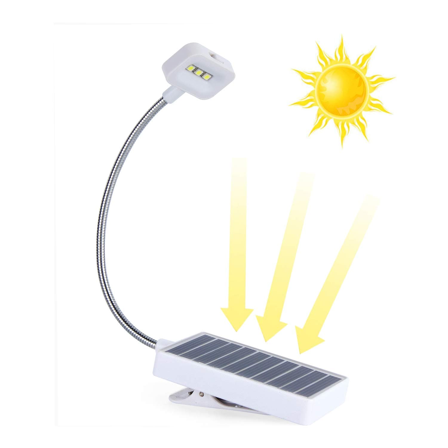 Solar LED Book Light,Solar and USB Eco Recharging,Glowseen Soft Clip Reading Lamp, Adjustable 2-Level Brightness, Best for Reading in Bed White