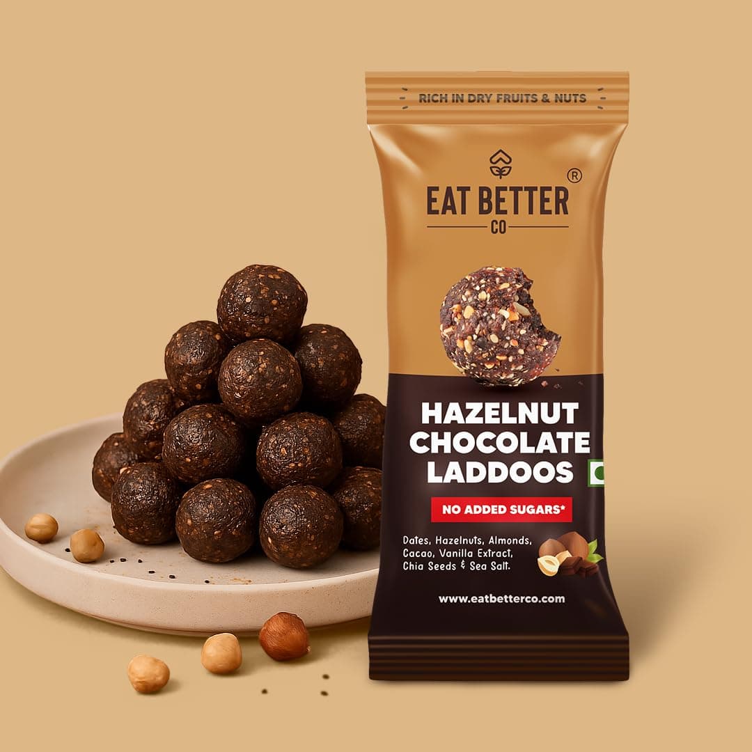 EAT BETTER CO - Hazelnut Chocolate Sugar-Free Laddoos | High Protein & Instant Energy | 95% Dry-Fruits - Pack of 4 - Healthy Chocolate – No Added Sugar | Healthy Snacks | Energy-Bar Replacement - 40g