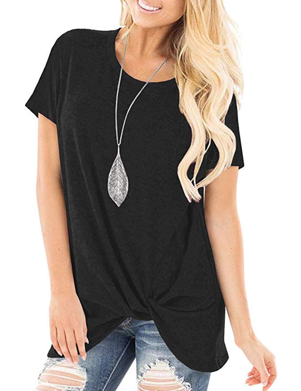 Weilim Women's Casual Short Sleeves Knot Side Twist Blouse Top Black S