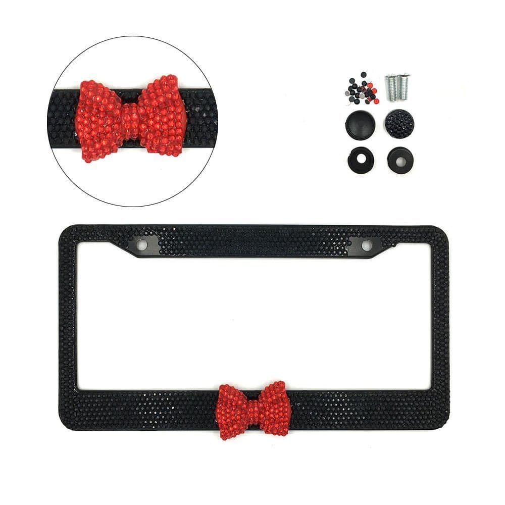 Indeedbuy Sparkly Black Crystal License Plate Frame with Red Bow Tie for Women Girl Lady