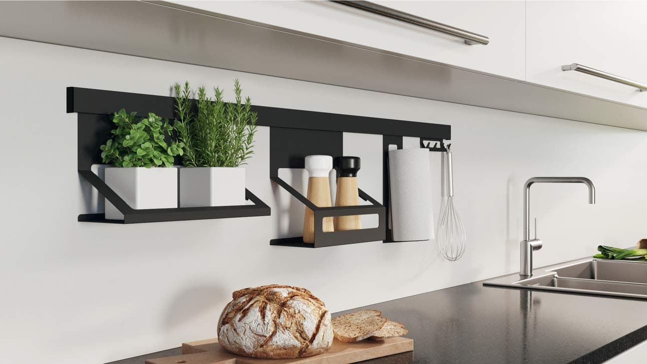 Gedotec 1 Set Vintage Design Aluminium Kitchen Wall Shelf with 1 Shelf, Hook Rail, Roll Holder & Mounting Materials - Matte Black