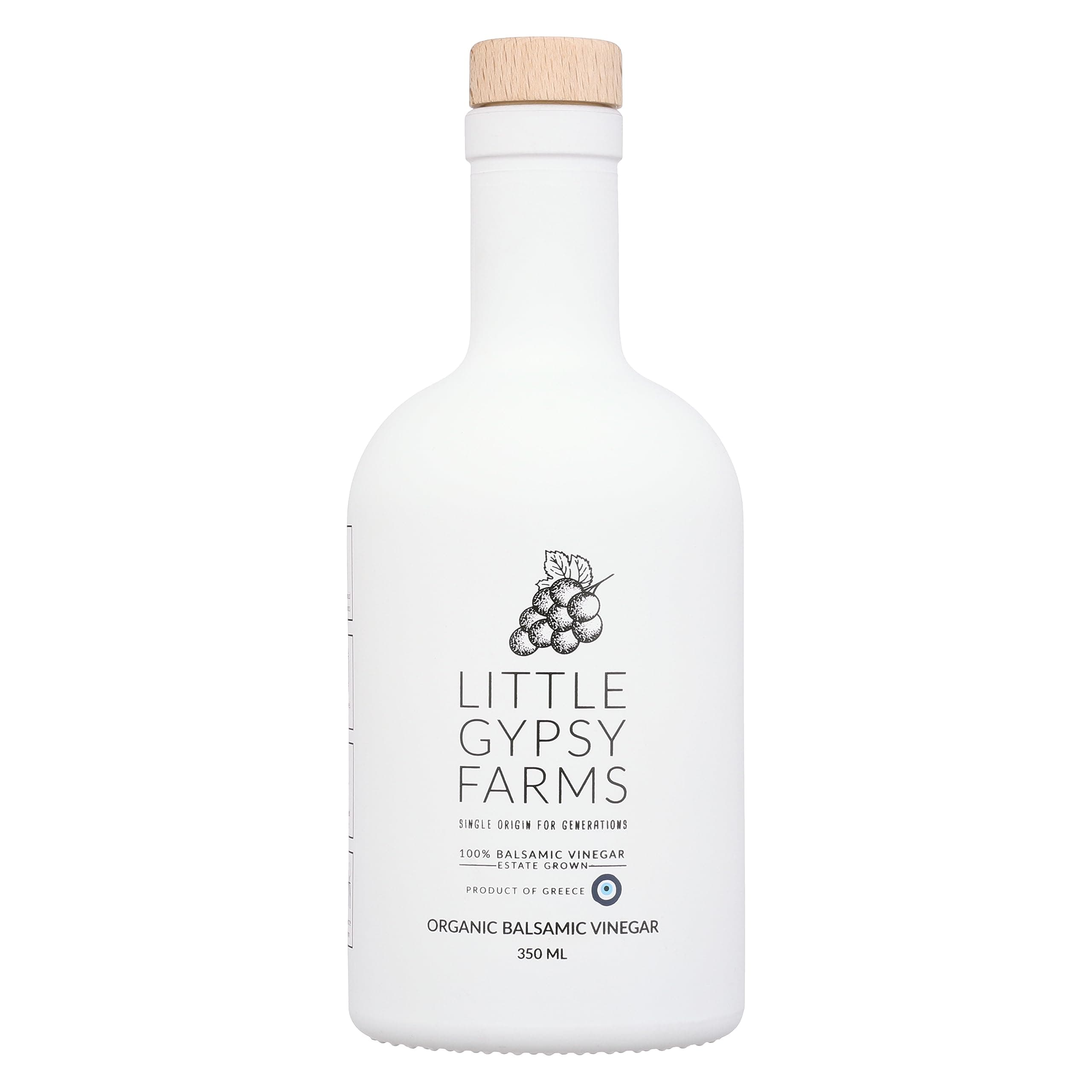 Organic Balsamic Vinegar from Little Gypsy Farms | First Cold-Pressed and Oak Barrel Aged | Notes of Fig with Strawberry Finish | Single Family Farms in Greece (350ml)