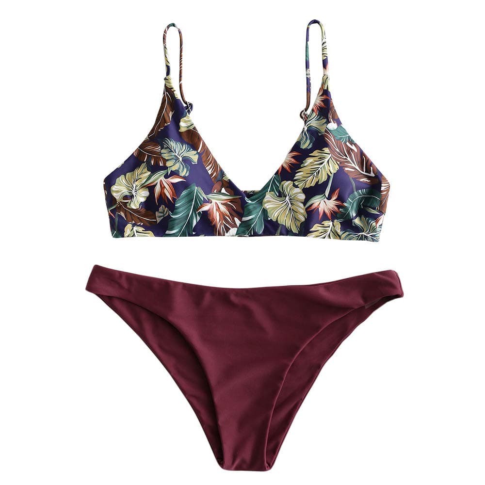 ZAFUL Women's Swimsuit Leaf Print Padded Bathing Suits Adjustable Straps Bikini Set (4-Red Wine,S)