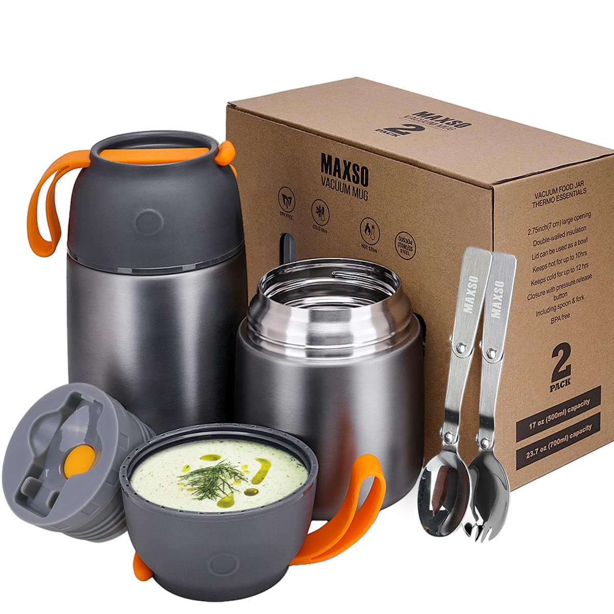 2 Pack Soup Thermo for Hot & Cold Food for Kids Adults, Vacuum Insulated Food Jar Thermal Lunch Containers, Travel Food Flask with Spoon (24 oz,17 oz) (Grey)